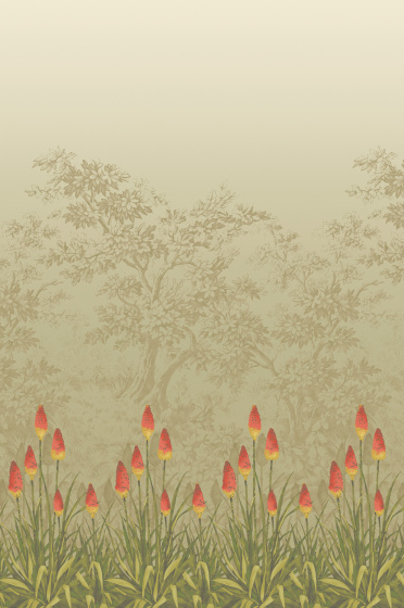 Swatch of the neutral green floral mural wallpaper 'Upper Brook St - Midi'.
